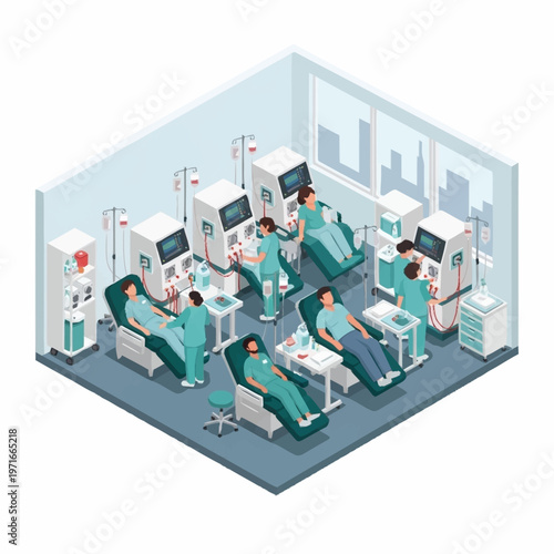 Isometric illustration of a modern dialysis treatment room.