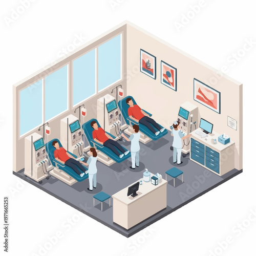 Medical professionals assisting patients in dialysis treatment chairs.
