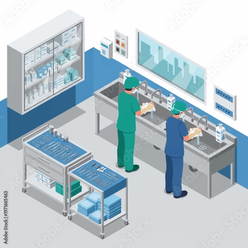 Medical Professionals Performing Surgical Hand Scrubbing Procedure.