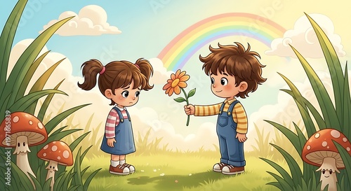 Children in a vibrant meadow with a rainbow, one boy giving a flower to a girl amidst tall grass.