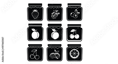 Nine black jars displaying different fruit icons in a grid pattern
