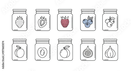 Line art illustration of jars containing various fruits in a grid pattern