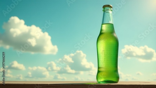 A single green beer bottle placed on a wooden table, great for adding context to your interior or outdoor scenes