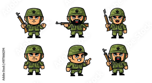 Soldier characters poses set green uniforms rifles cartoon style illustration