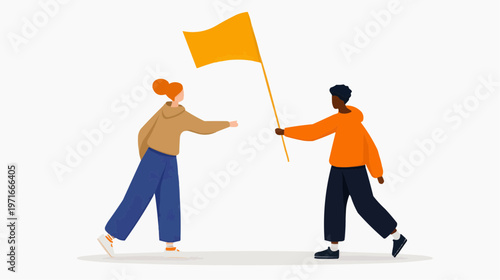 Flat vector illustration of one person giving a small flag to another, suitable for teamwork concepts, achievement, or transition.