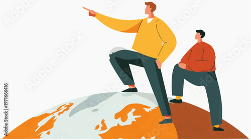 Flat vector illustration of two men standing on a globe, one pointing, suitable for business, leadership, or global strategy concepts.