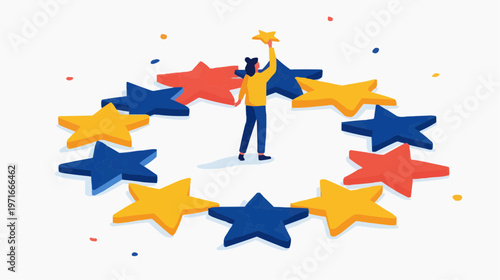 Flat vector illustration of a person placing a star into a circle of stars, suitable for achievement, goal-setting, or European Union concepts.