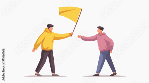 Flat vector illustration of one person giving a small yellow flag to another, suitable for concepts of handover, leadership, or competition.