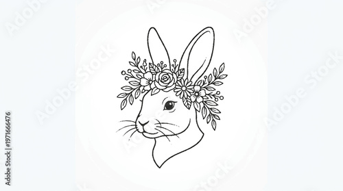 Rabbit head with floral wreath on ears and head line art illustration decorative animal portrait