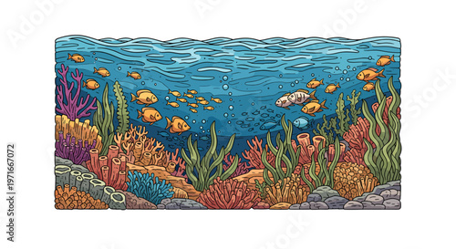 A vibrant, cartoon-style illustration of a coral reef section, evoking a sense of wonder and showcasing the beauty of marine ecosystems. Ideal for edu