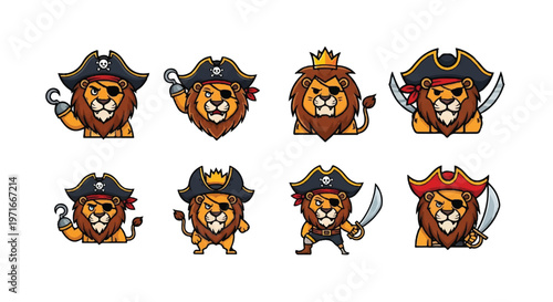 Cartoon lion pirate collection with eye patches swords and hats