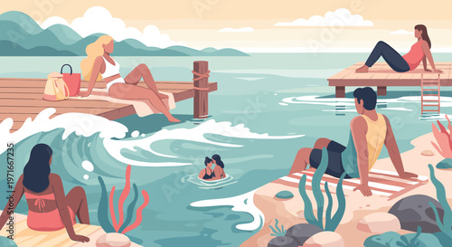 A serene illustration of a woman enjoying a peaceful moment by the ocean, evoking feelings of relaxation and carefree summer vibes - perfect for trave