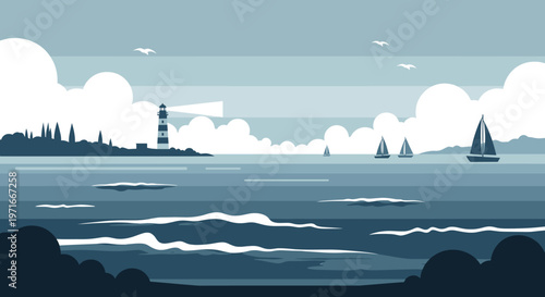 A calming and modern graphic illustration of the ocean and sky, evoking tranquility. Suitable for website backgrounds, social media, or marketing mate