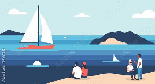 A modern vector illustration depicting a ship sailing on a calm sea, evoking feelings of adventure and representing global trade and expansive possibi