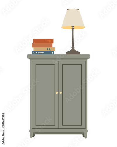 Wooden dresser chest of drawers in minimalist cottagecore style with lamp and books on it