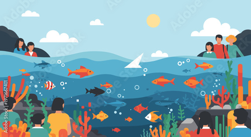 A vibrant, stylized illustration captures a child's awe and curiosity exploring an underwater world. Perfect for depicting wonder, imagination, and a 