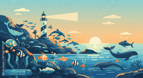 A calming illustration of fish swimming among seaweed, perfect for conveying tranquility, marine life, or a connection with nature, suitable for websi