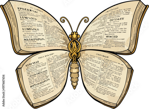 Butterfly with Wings Formed by Open Dictionary Pages Showing Text and Definitions Symbolic of Knowledge Transformation and Literary Imagination