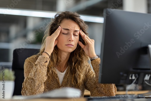 Stressed caucasian female adult experiencing headache at work desk in office environment