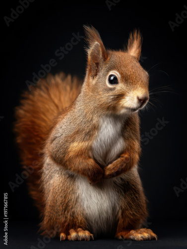 Portrait of a wild red squirrel, isolated on a solid pitch black background