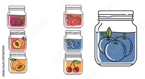 Colorful illustration of jam and berry preserves in glass jars
