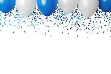 Blue and white festive balloons flying with falling confetti border, transparent background. Celebrating holidays and events
