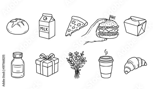 Hand drawn doodle food and lifestyle icon set with bread milk pizza burger coffee and gift box line vector illustration