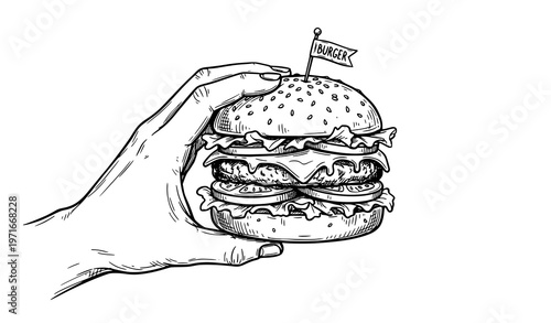 Hand holding burger line art vector with fast food sketch illustration for menu and junk food design
