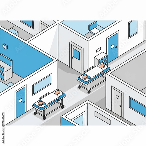 Hospital Corridor with Gurneys and Patients.