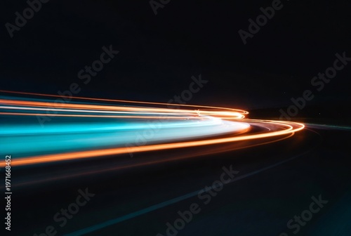 Subject: Light trails of moving vehicles. Action: Motion blur created by speed. Setting: Dark highway at night.