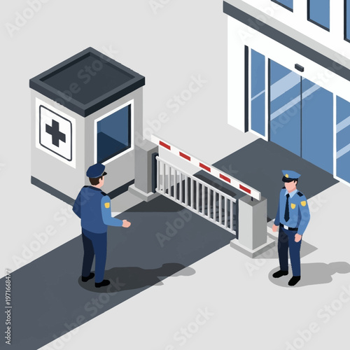 Security guards at checkpoint with barrier and booth.