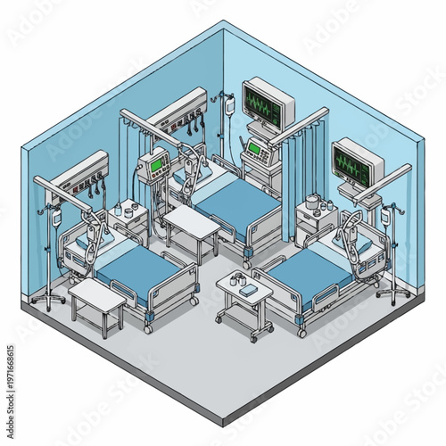 Isometric Hospital Room with Medical Equipment and Beds.