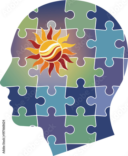 Human Profile Head Where One Final Jigsaw Puzzle Piece is replaced by a Shining Bright Golden Sun of Wisdom and Enlightenment