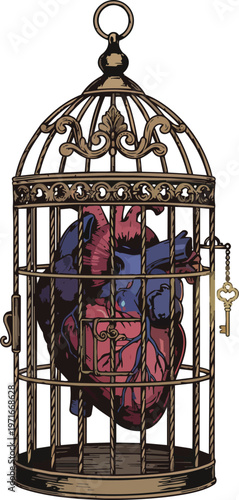 Human Anatomy Heart Locked Inside a Wire Birdcage with a Small Vintage Metal Key Hanging from the Aorta Vessel