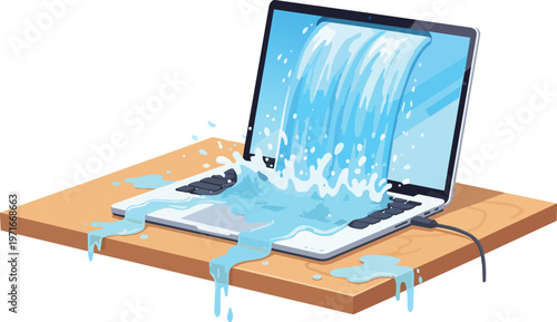 Fresh Liquid Waterfall Pouring Violently Out of Laptop Computer Screen and Spilling Water Onto Wooden Office Desk Surface