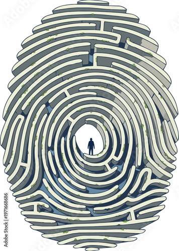 Large Human Fingerprint Ridges Formed by High Maze Walls with Person Trapped in Center of Labyrinth Identity Concept