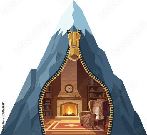 Massive Rocky Mountain Peak with Giant Metal Zipper Opening to Reveal Warm Cozy Furnished Room Interior Hidden Inside Alpine Landscape