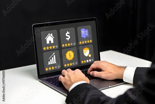 Businessman Using Laptop App With Financial Icons and Star Ratings for Reviews and Analytics