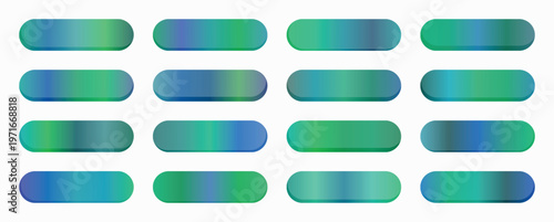 Fifteen irregular shaped abstract blobs showcase a harmonious blend of deep blues, vivid greens, and subtle purples, suggesting organic forms.