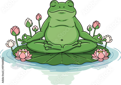 meditating frog in a lotus pose on a green lilypad