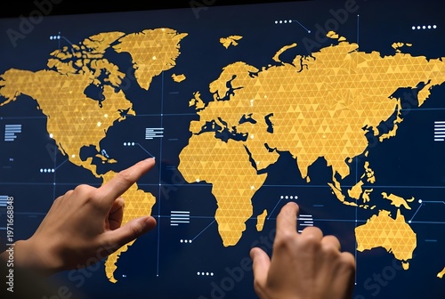 Hands Interacting With Digital World Map Touchscreen Display Showing Global Data Visualization And Analytics