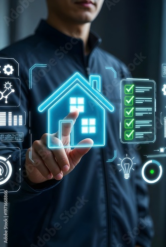 Smart Home Technology Interface With Touchscreen Control, Digital House Icon and Checklist HUD