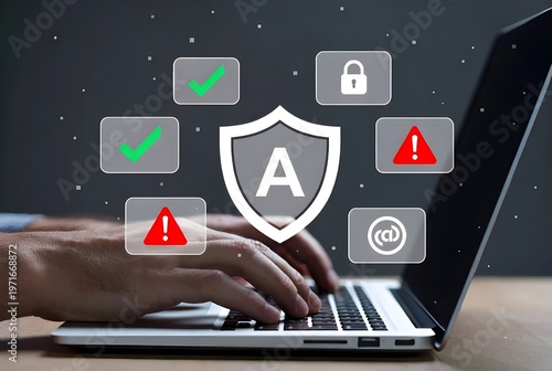 Cybersecurity And Data Protection Concept With Laptop, Shield Icon And Security Alerts