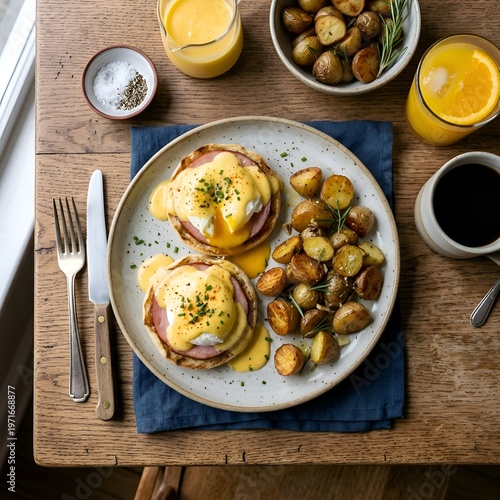Eggs Benedict with Hollandaise Sauce, Roasted Potatoes, and Freshly Squeezed Orange Juice on a Wooden Table