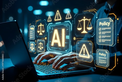 AI Governance and Legal Compliance Concept on Laptop With Holographic Scales and Policy Warnings