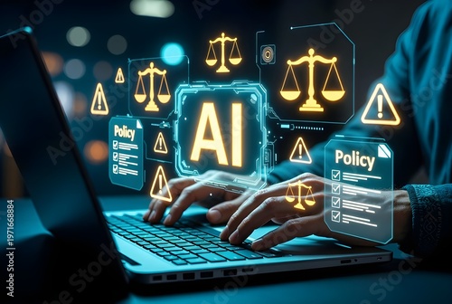 AI Policy And Legal Compliance Concept With Scales, Warnings And Laptop Hands Typing