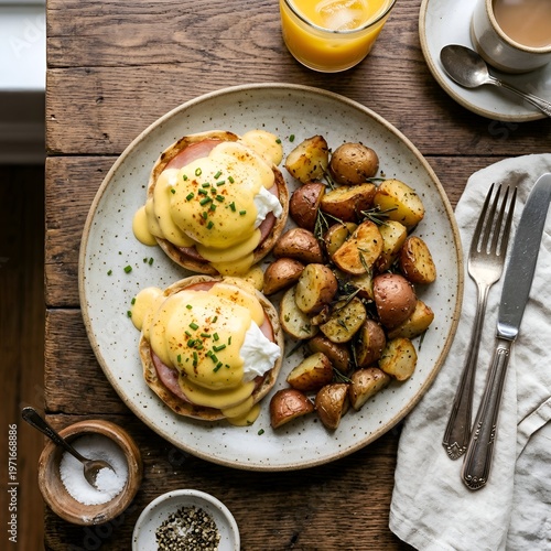 Eggs Benedict with Roasted Potatoes and Fresh Herbs on a Wooden Table with Orange Juice and Coffee
