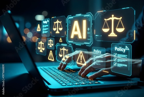 AI Compliance And Ethics On Laptop: Policy, Risk, Law And Cybersecurity Concepts For Business Technology Governance