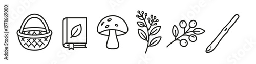 Collection of simple line art icons representing nature and foraging elements