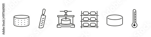 Collection of icons representing cheese making process and tools